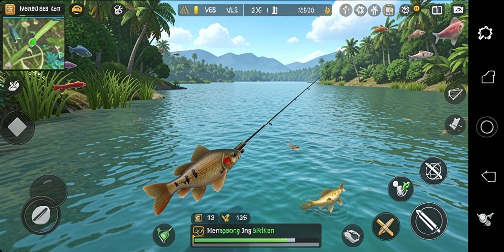 Screenshot gameplay VV55 menampilkan aksi memancing yang seru dan mendebarkan.